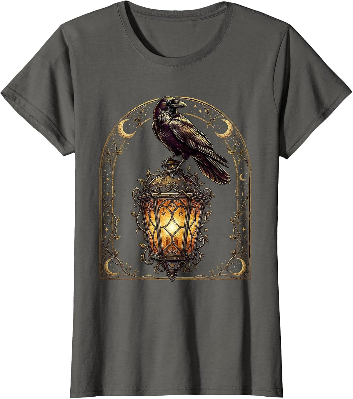 Women's Crow Perched on Old Lantern Illustration T-Shirt - Asphalt Grey