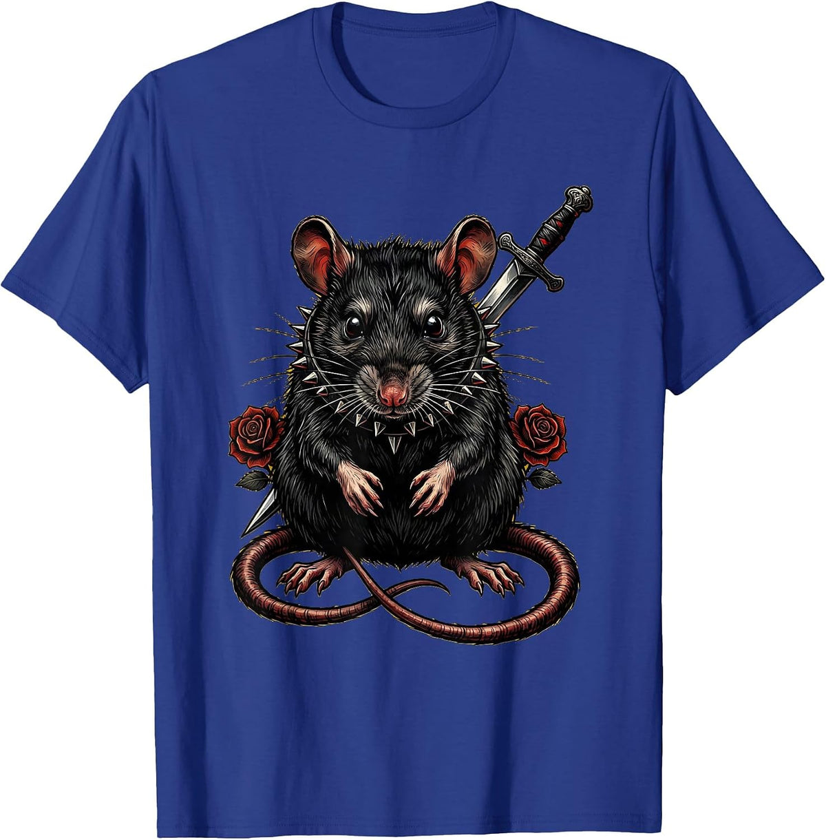 Punk Rat Studded Collar Graphic Design T-Shirt - Royal Blue