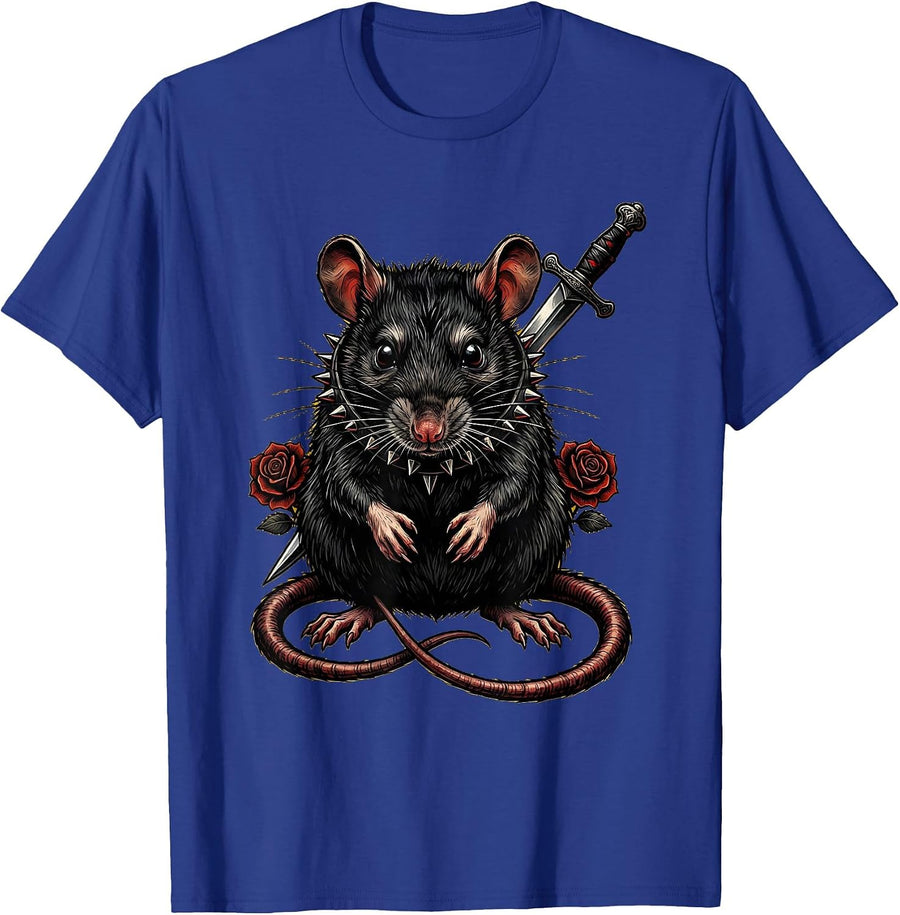 Punk Rat Studded Collar Graphic Design T-Shirt - Royal Blue