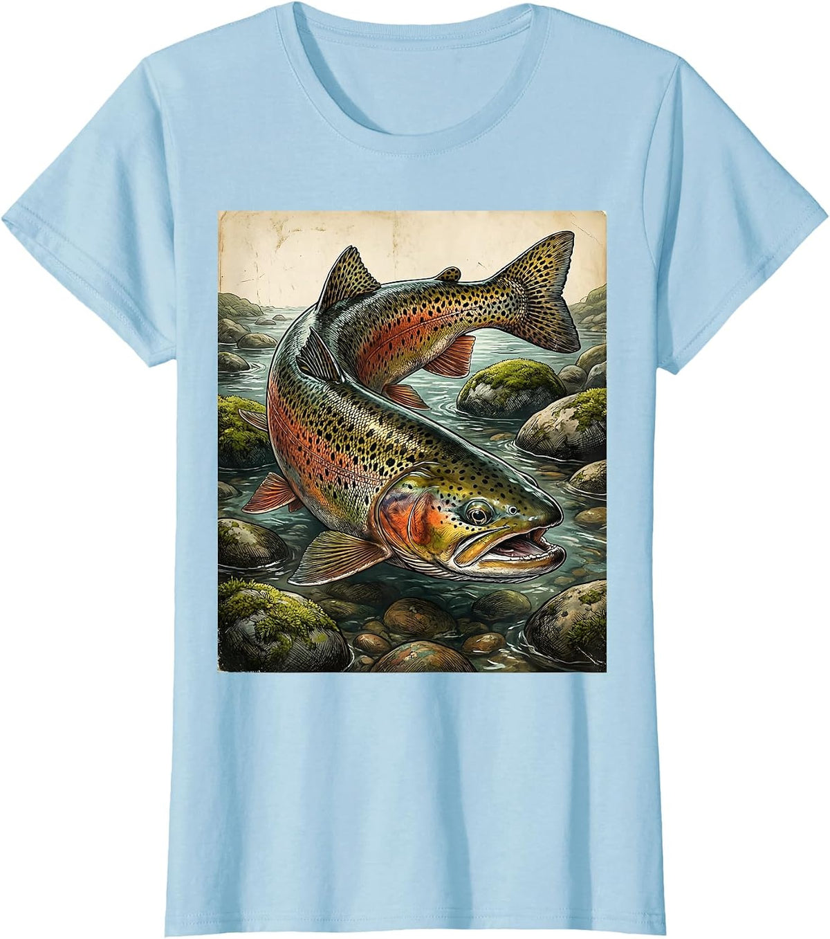 Trout Swimming Mountain Stream Fishing Illustration T-Shirt - Baby Blue