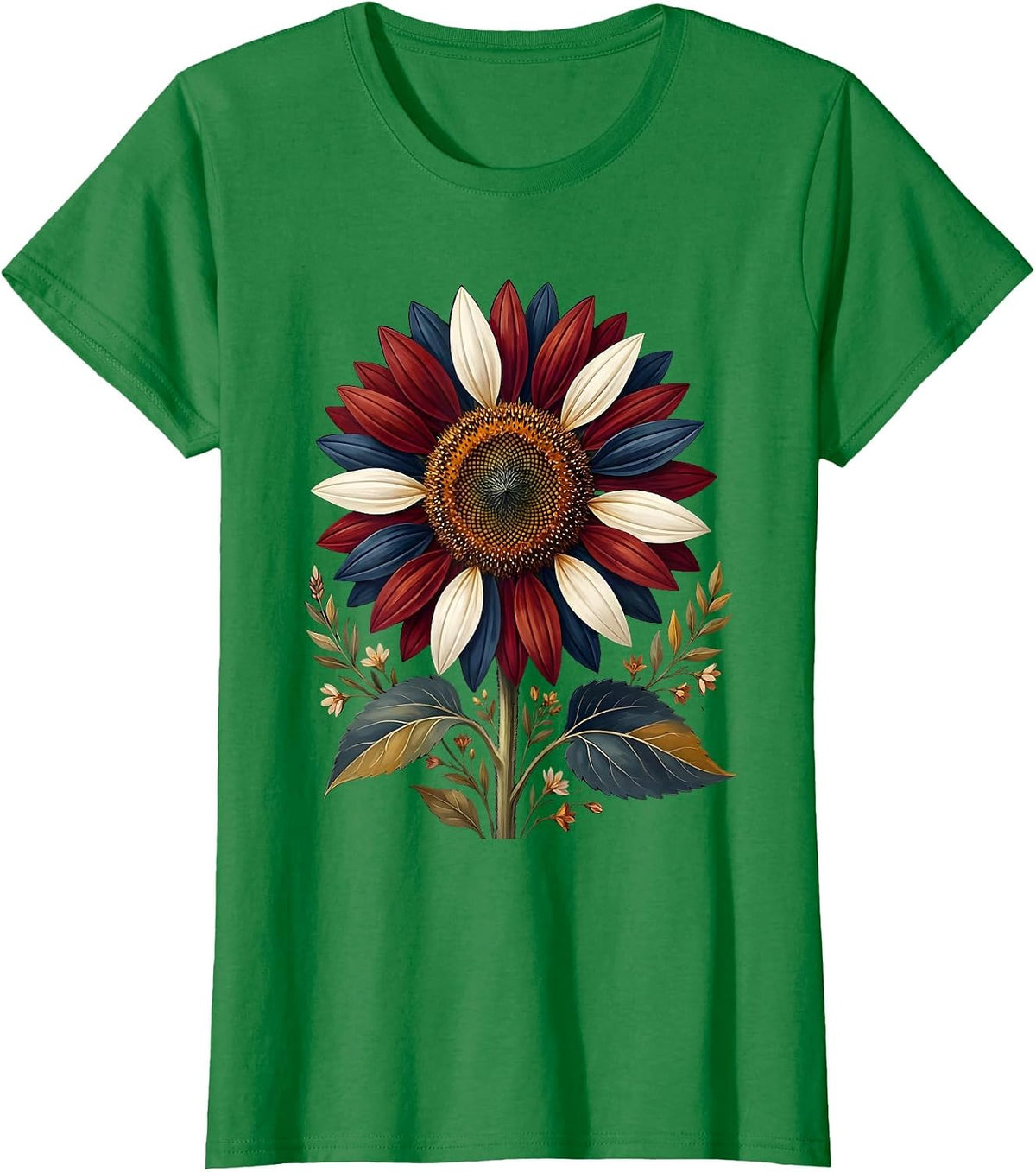 Women's Red White and Blue Sunflower Patriotic Design T-Shirt - Kelly Green