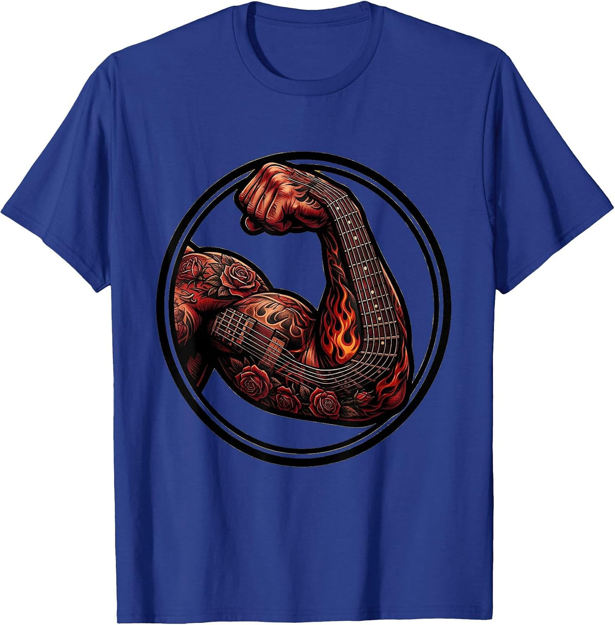 Muscular Arm Guitar Fretboard Tattoo Sleeve Art T-Shirt - Royal Blue