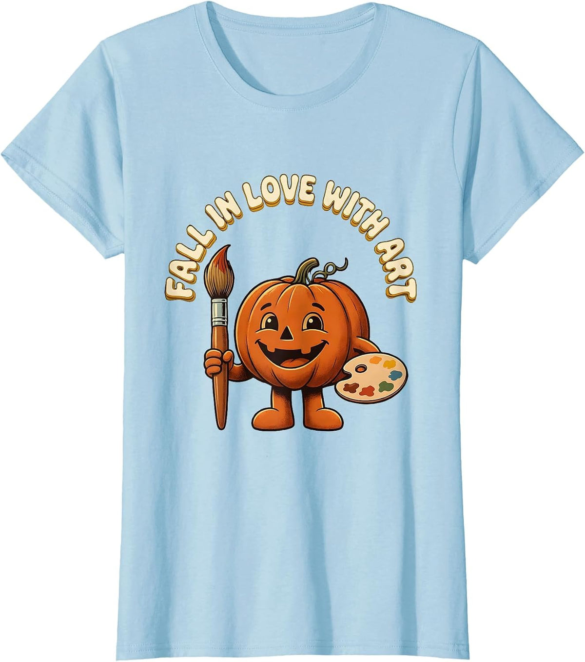 Fall In Love With Art Retro Teacher Halloween Pumpkin T-Shirt - Baby Blue