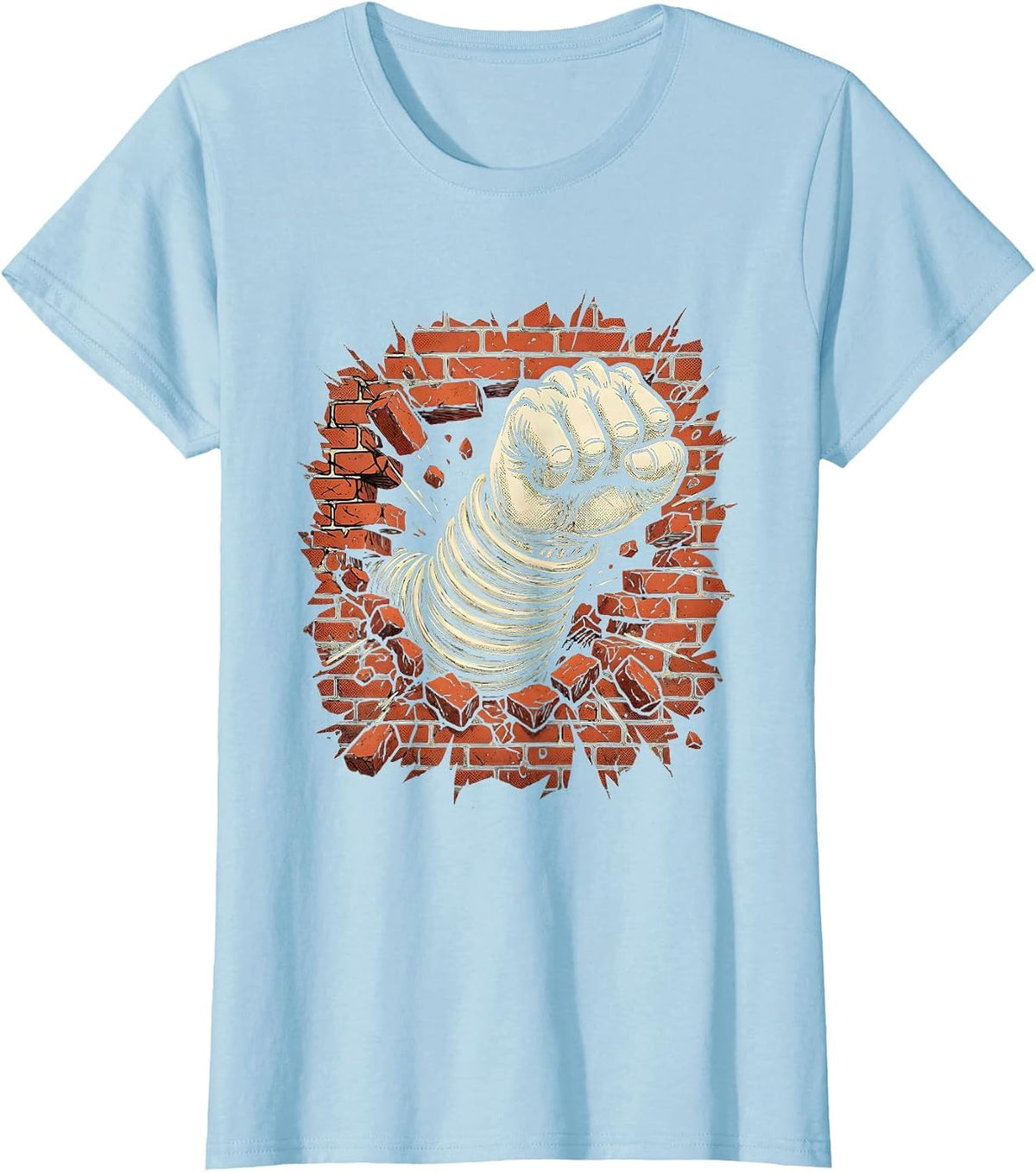 Angry Fist Punching Through Brick Wall Graphic T-Shirt - Baby Blue