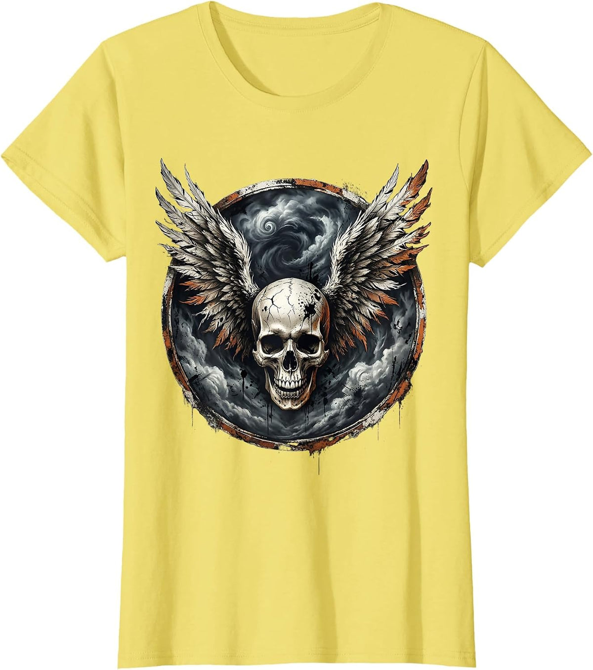 Winged Skull Storm Cloud Rock Graphic Tee T-Shirt - Lemon Yellow
