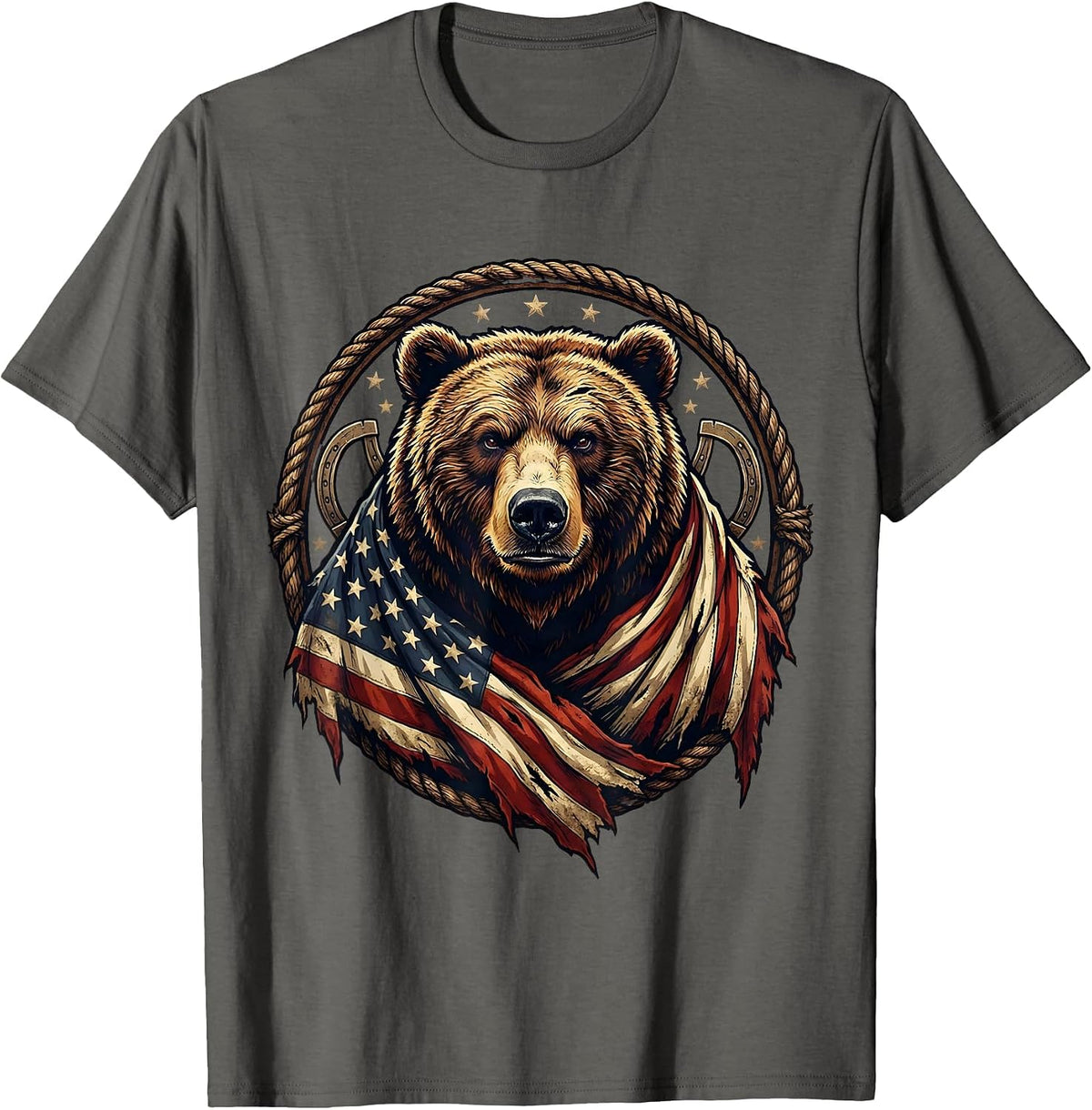 Patriotic Grizzly Bear American Flag Illustration T-Shirt - Asphalt Grey