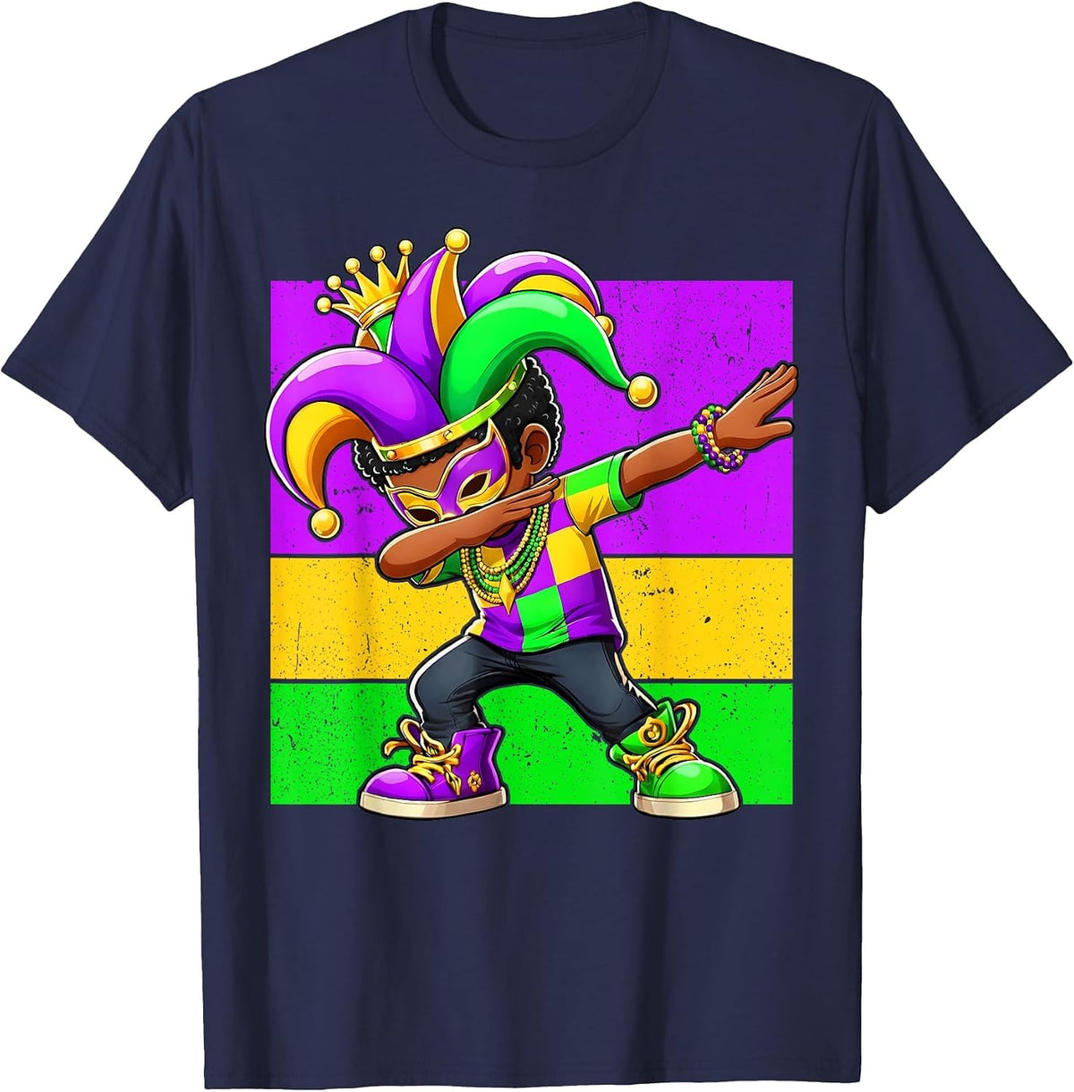 Mardi Gras Funny Dabbing Black Boy Jester Hat Kid T-Shirt - Navy Blue