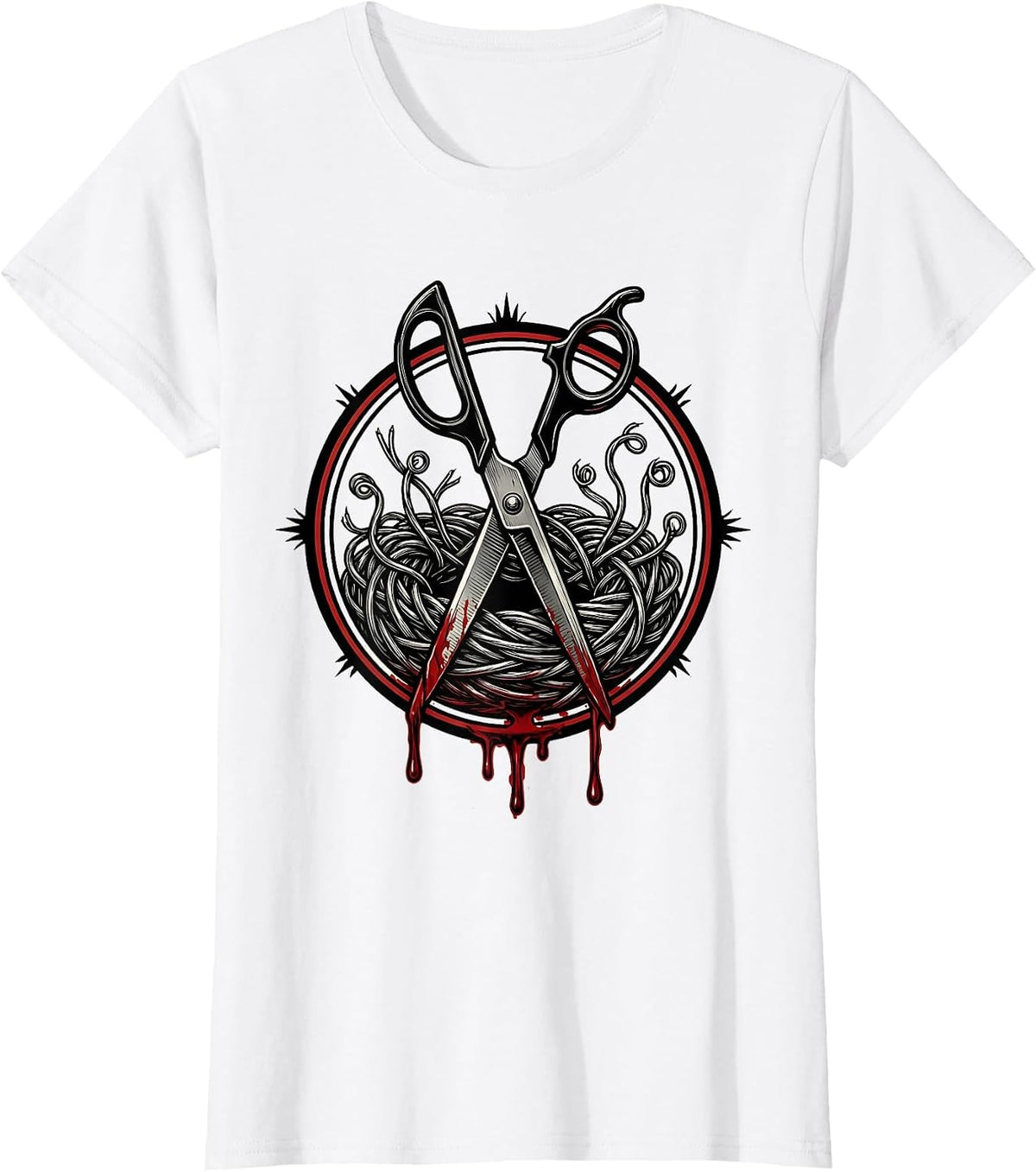 Bloody Scissors Cutting Wire Graphic Design T-Shirt - White