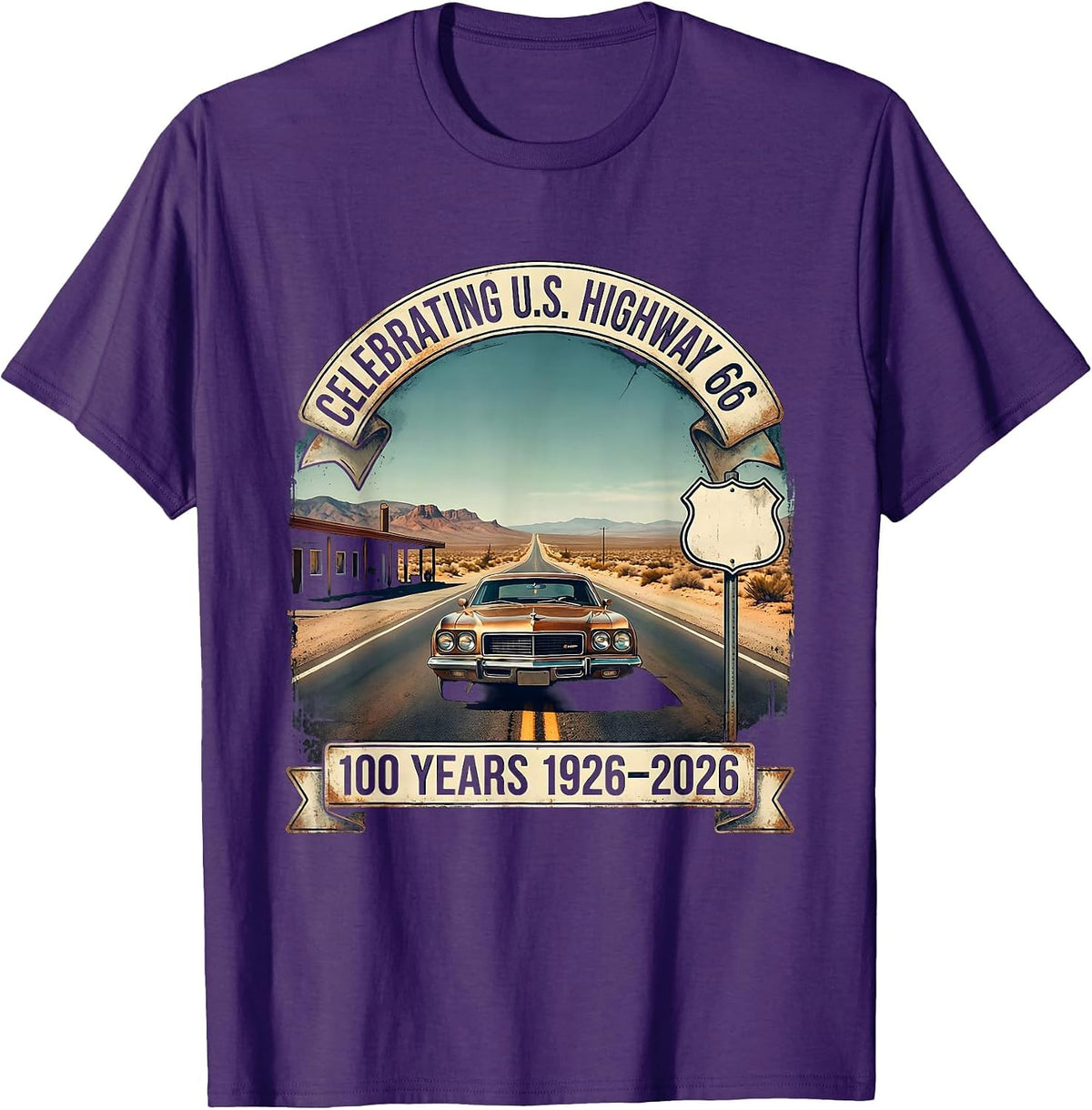 Men's Celebrating U.S. Highway 66 100 Years 1926-2026 Vintage T-Shirt - Purple