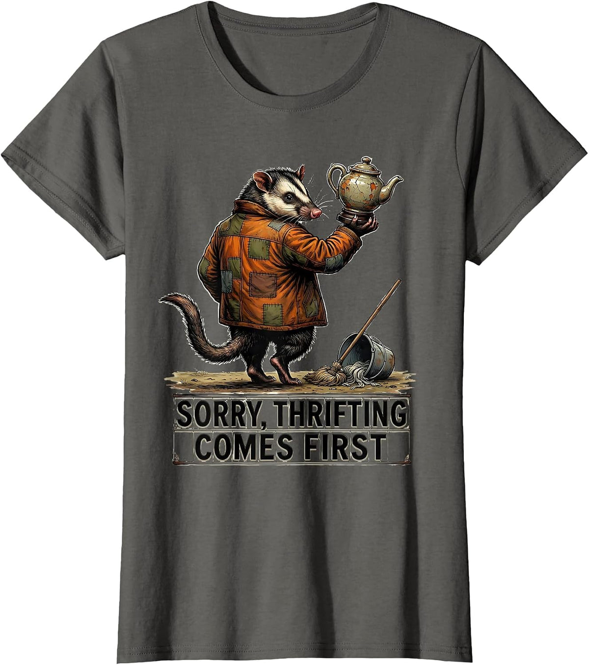 Women's Sorry Thrifting Comes First Funny Opossum Vintage Collector T-Shirt - Asphalt Grey