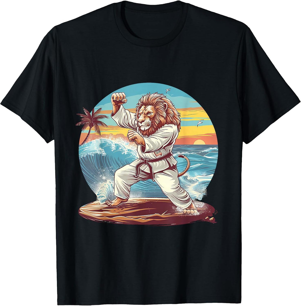 Kickboxing Lion Beach Sunset Jiu-Jitsu Taekwondo Lion Lover T-Shirt - Black