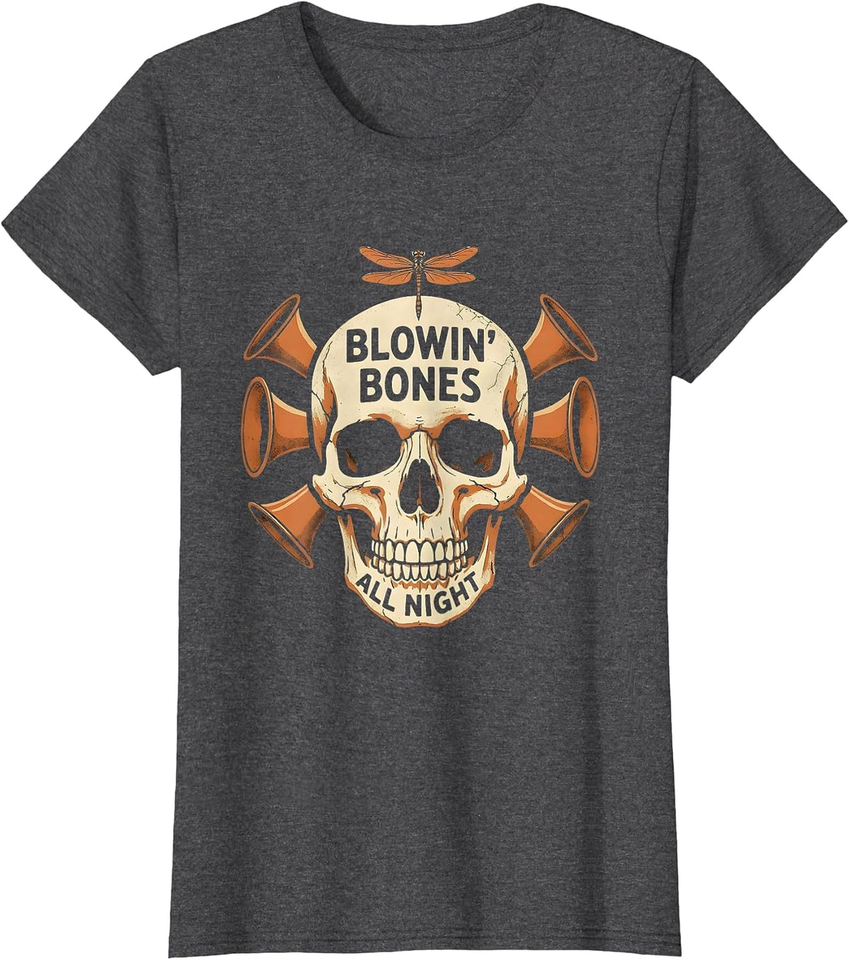 Women's Halloween Skeleton Trumpet Jazz Solo Design T-Shirt - Dark Heather Grey