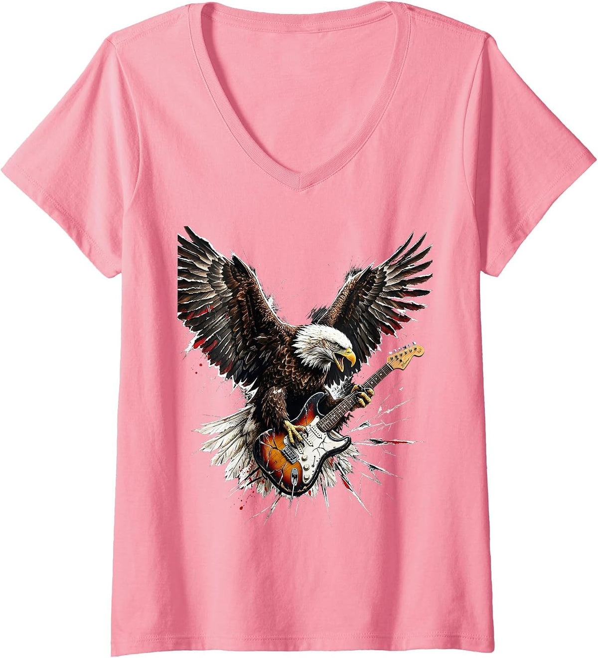 Women's Vintage Rock Eagle Electric Guitar Graphic V-Neck T-Shirt - Pink