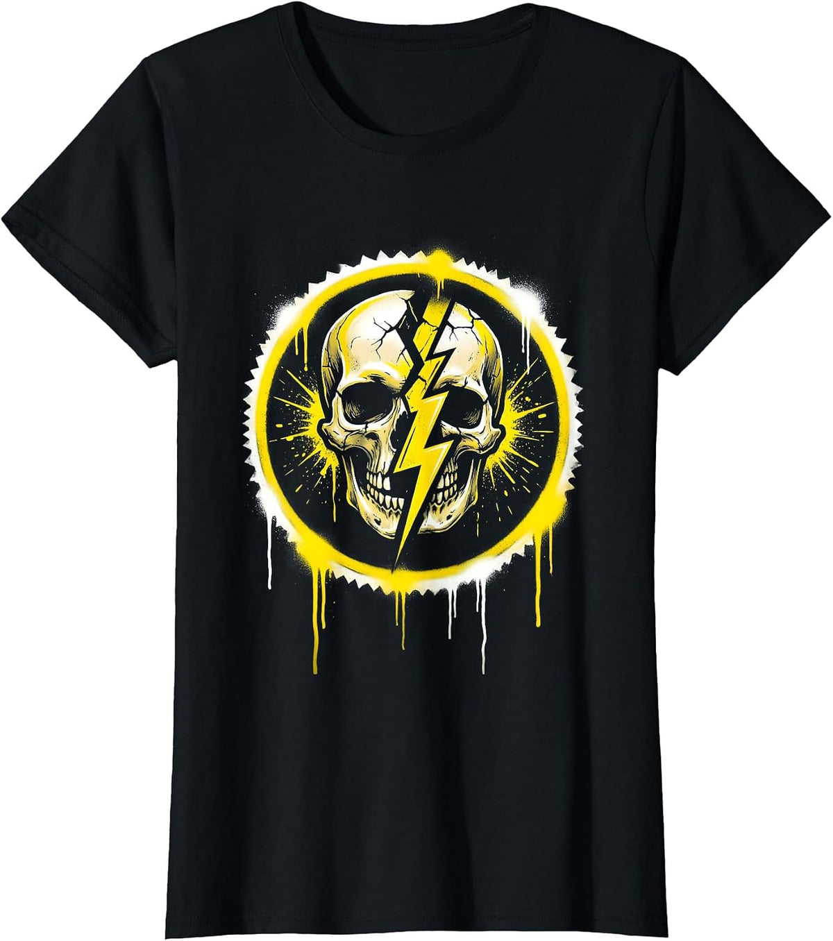 Lightning Bolt Skull Split Punk Rock Graphic T-Shirt - Black