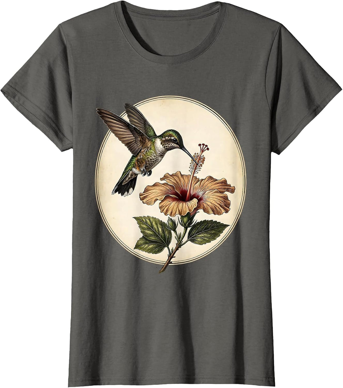 Women's Hummingbird and Hibiscus Flower Graphic T-Shirt - Asphalt Grey