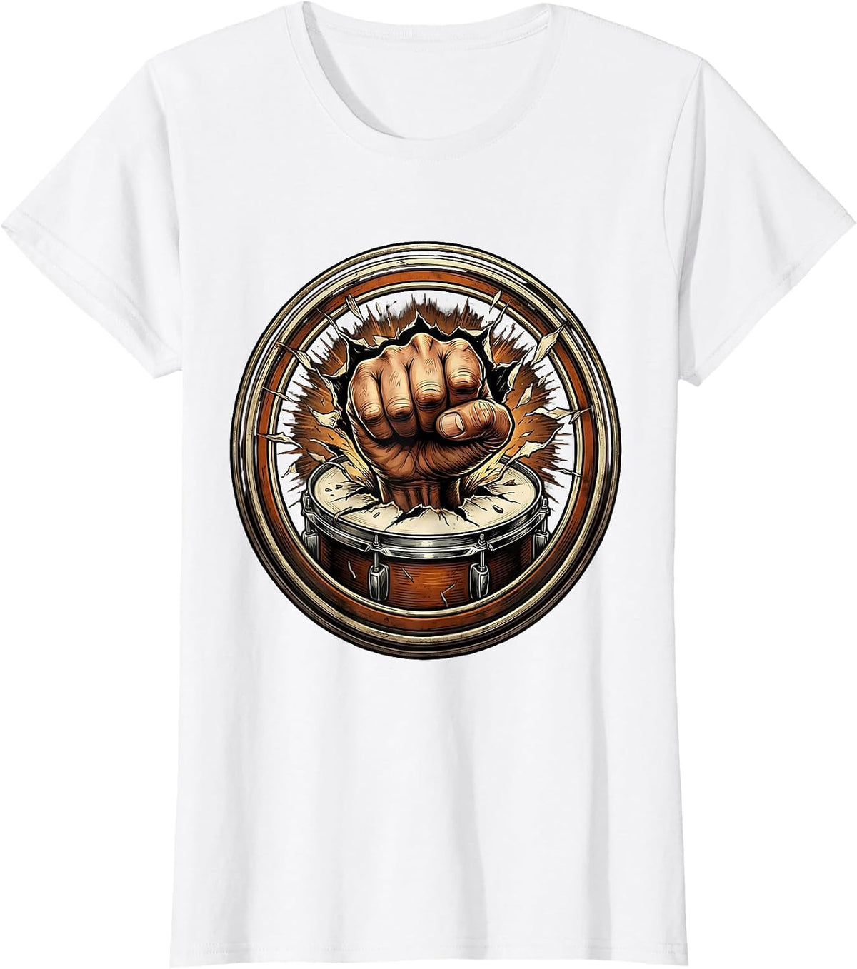 Fist Through Bass Drum Rock Band Graphic T-Shirt - White