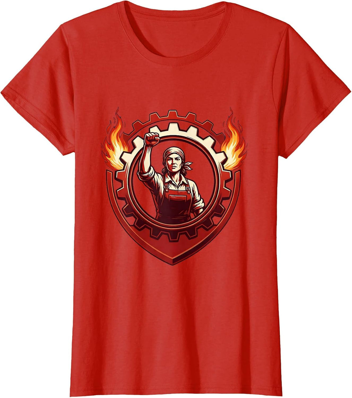 Rosie The Riveter Silhouette Gear and Flames T-Shirt - Red