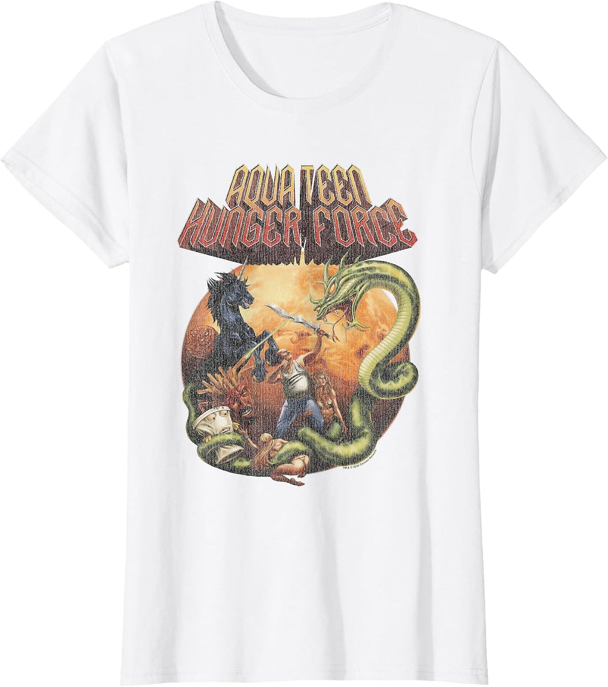 ATHF Vintage Heavy Metal Fantasy Scene with Cast Cartoon T-Shirt - White