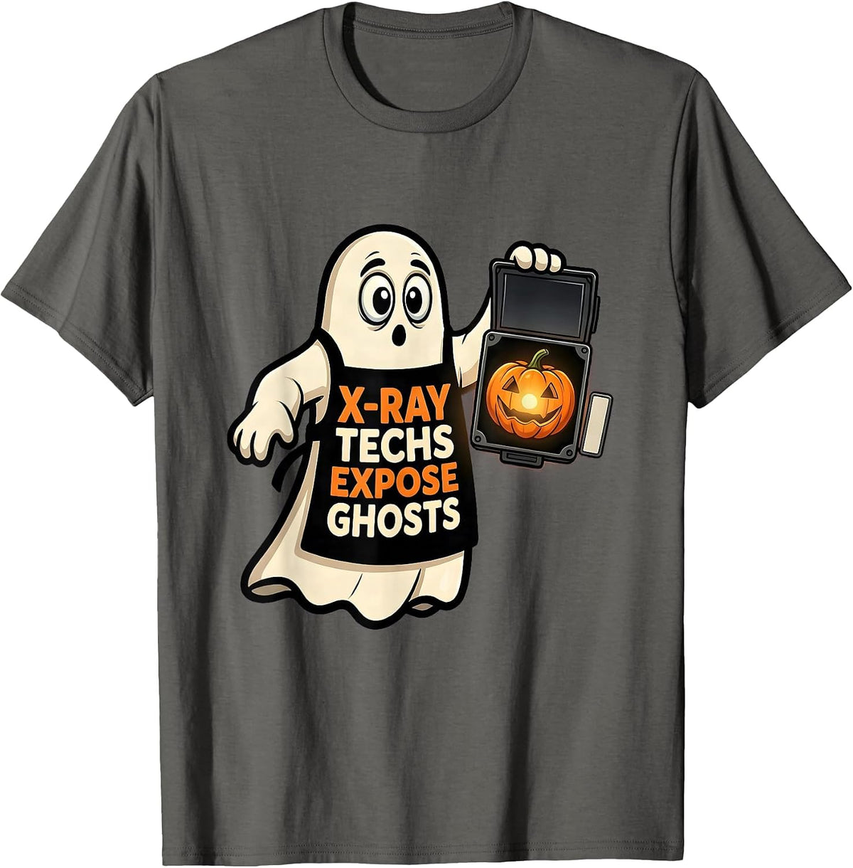 Men's X-Ray Techs Expose Ghosts Cartoon Radiology Tech Halloween T-Shirt - Asphalt Grey