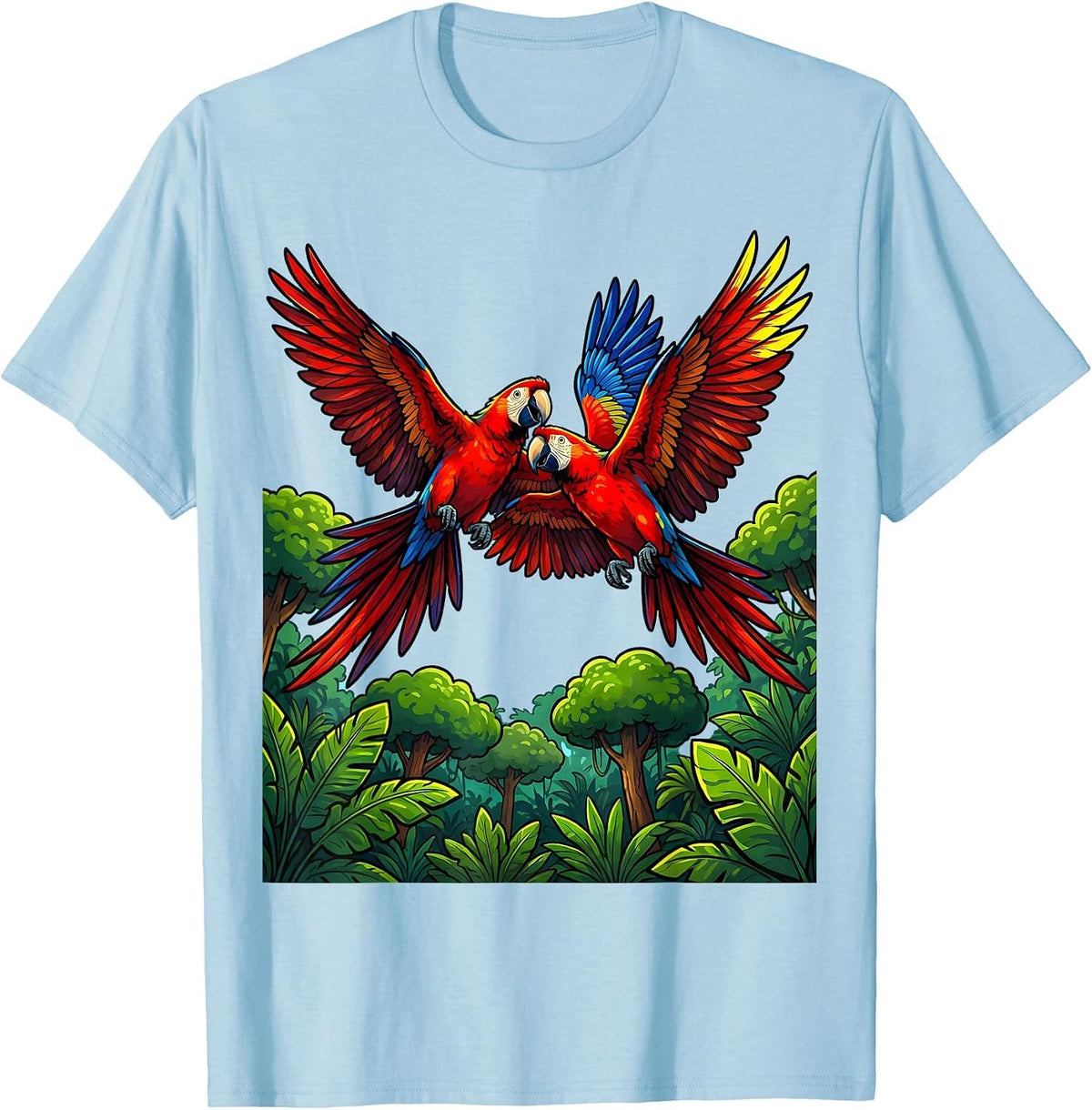 Men's Ecuador Macaw Pair Flying Over Jungle Canopy T-Shirt - Baby Blue