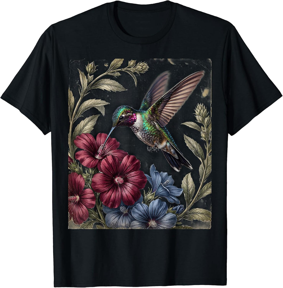 Men's Hummingbird Red White and Blue Floral Design T-Shirt - Black