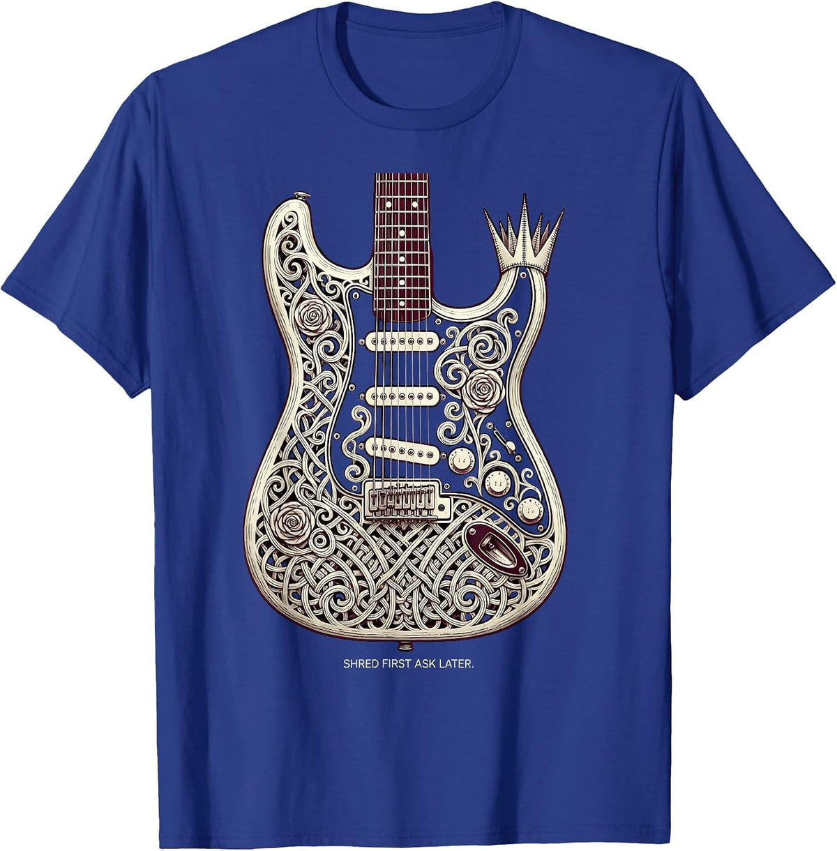 Men's Shred First Ask Later Heavy Metal Guitar Design T-Shirt - Royal Blue
