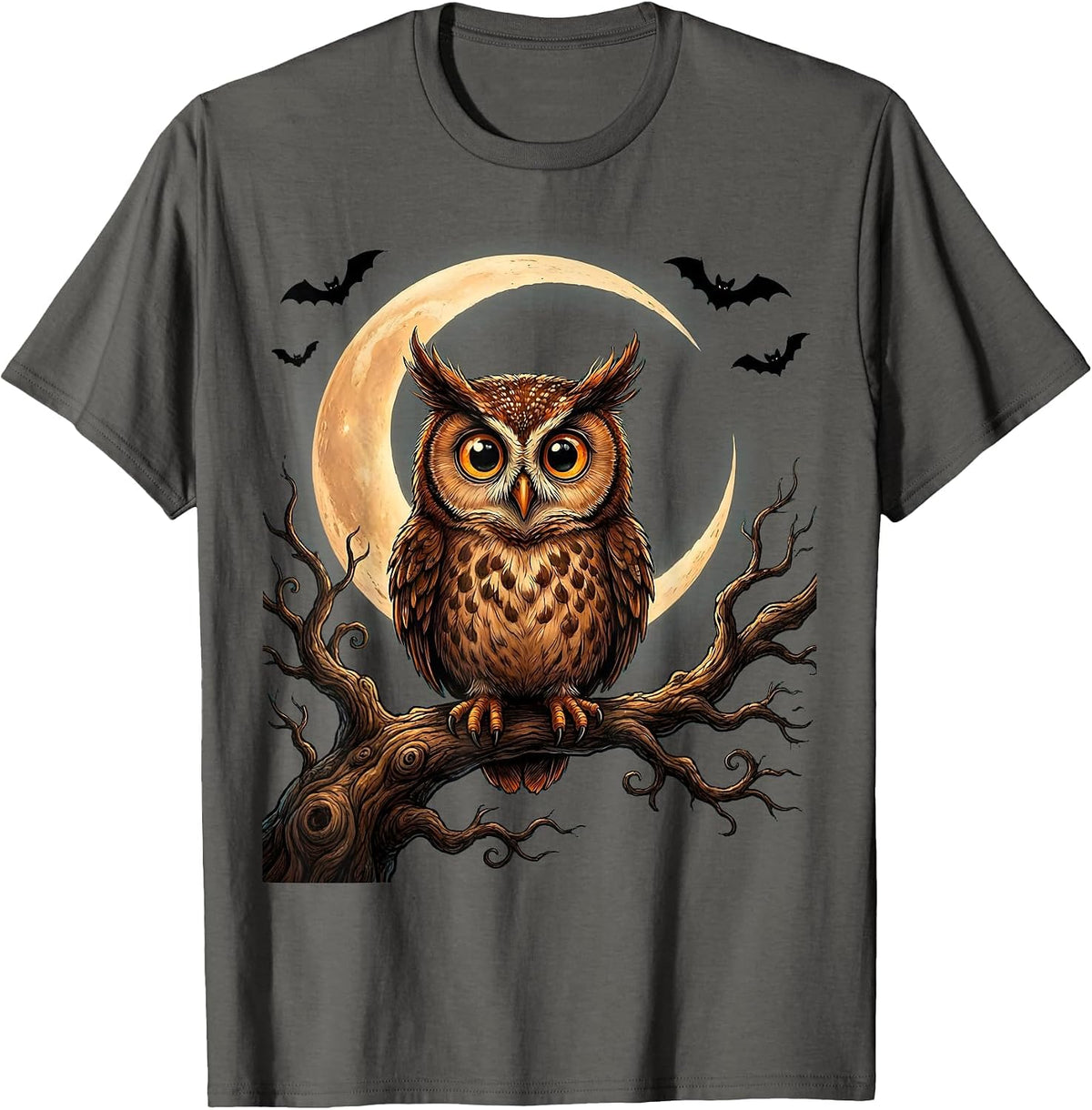 Men's Kids Halloween Owl on Spooky Tree Branch T-Shirt - Asphalt Grey