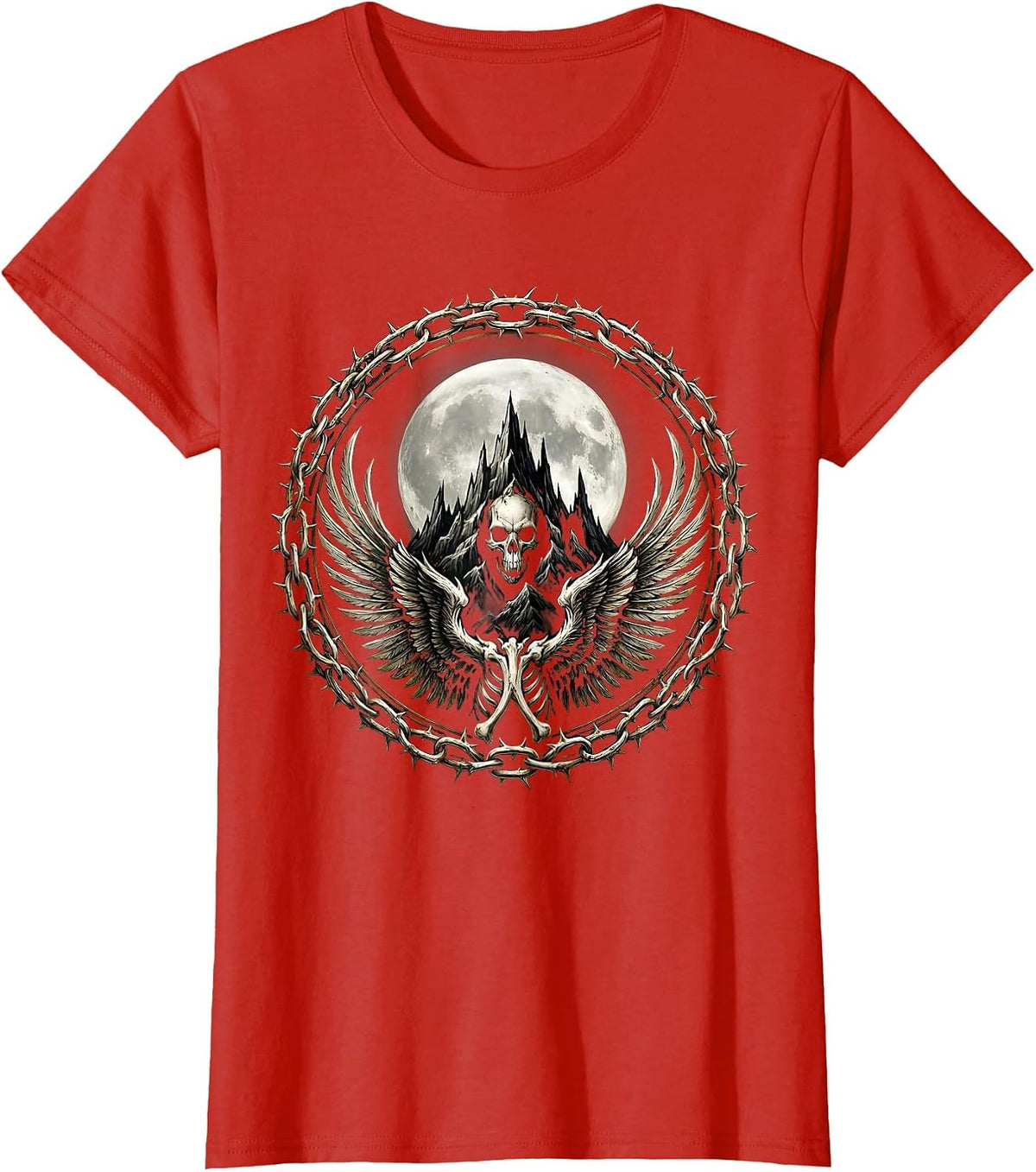 Full Moon Mountain Range Metal Band Graphic T-Shirt - Red