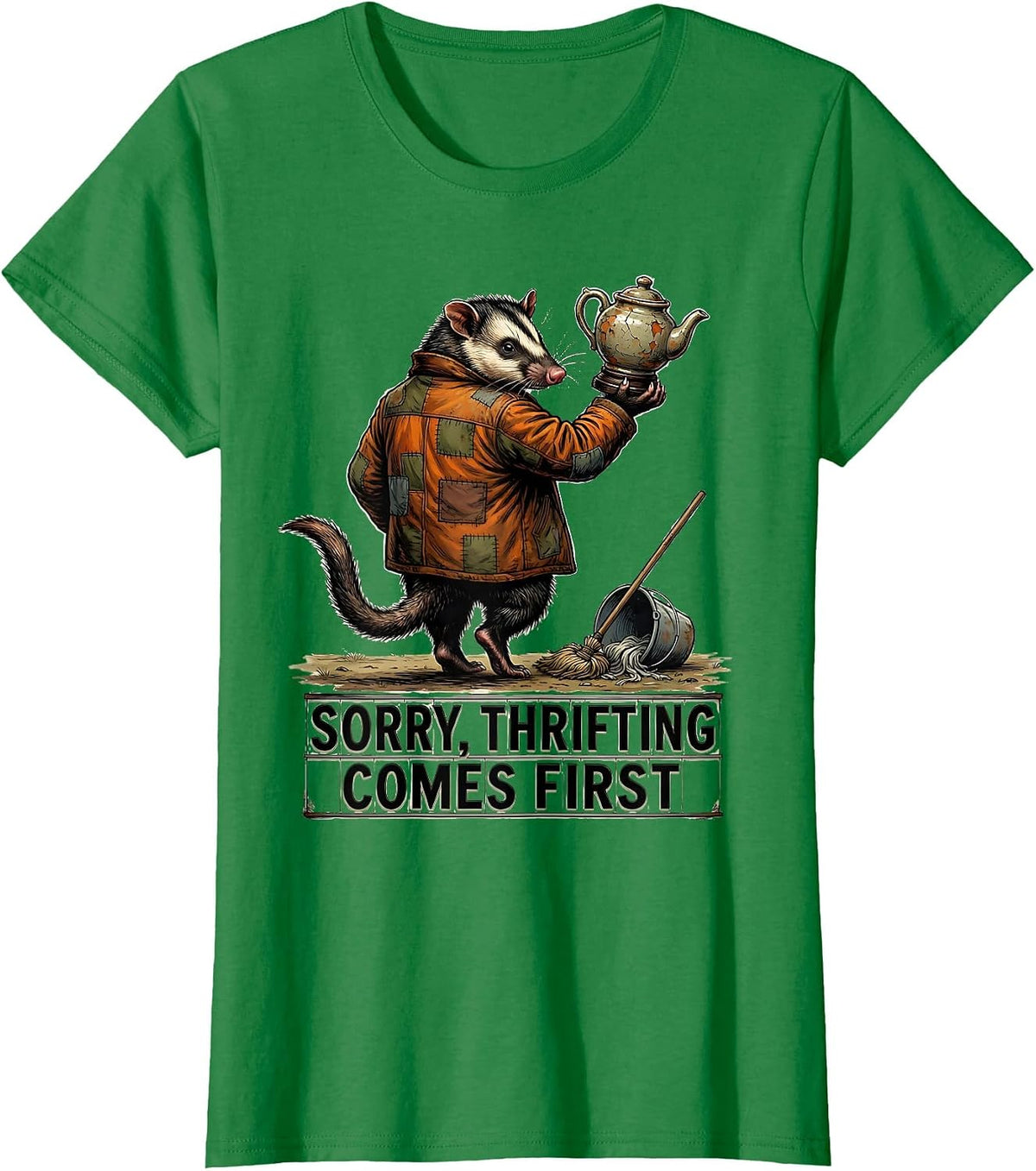 Women's Sorry Thrifting Comes First Funny Opossum Vintage Collector T-Shirt - Kelly Green