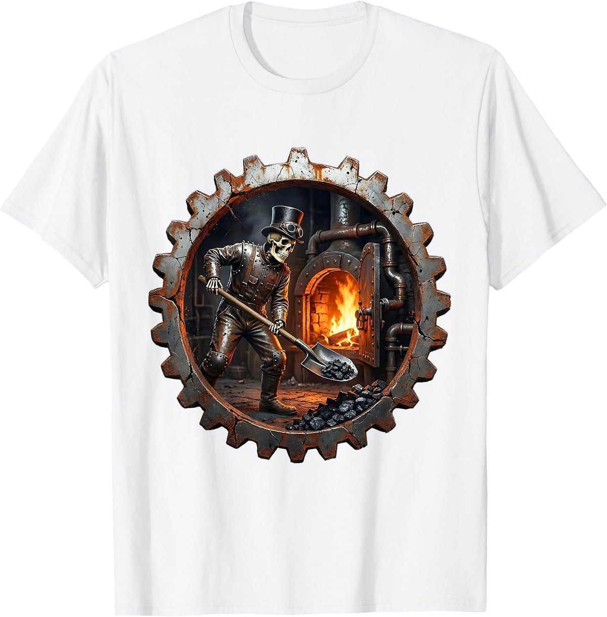 Men's Steampunk Skeleton Engineer Shoveling Coal Art T-Shirt - White