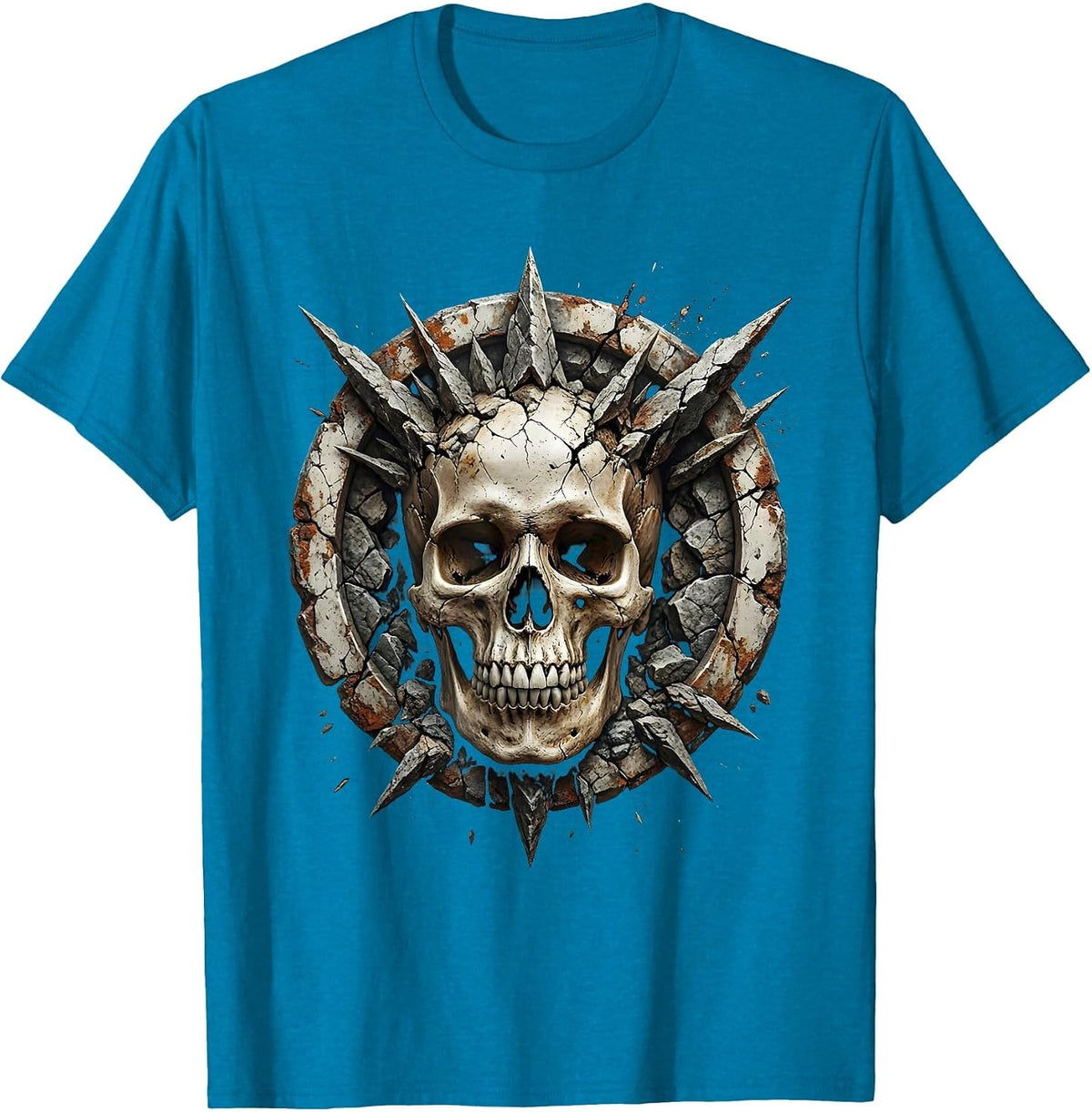 Skull Emerging From Jagged Rock Formation T-Shirt - Sapphire Blue