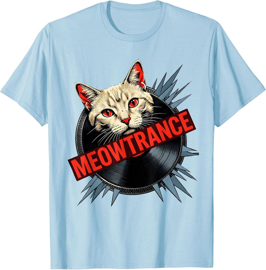 Men's Meowtrance Constructivist Cat DJ Punk Metal Rock Humor T-Shirt - Baby Blue