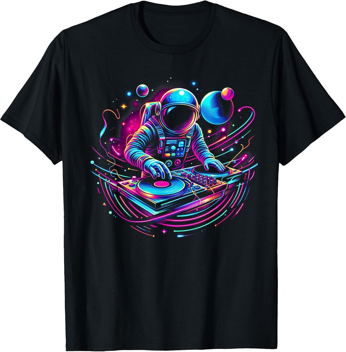 Astronaut DJ, DJing in Space, Music Lover Cool Graphic T-Shirt - Black