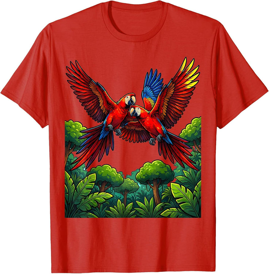 Men's Ecuador Macaw Pair Flying Over Jungle Canopy T-Shirt - Red