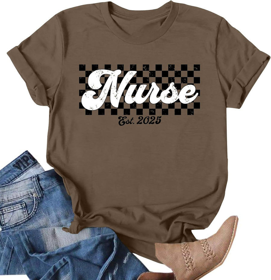 Nurse Shirt for Women Nursing School Tshirts Nurse Graphic Short Sleeve Tops Nurse Week Gifts Shirts - Brown