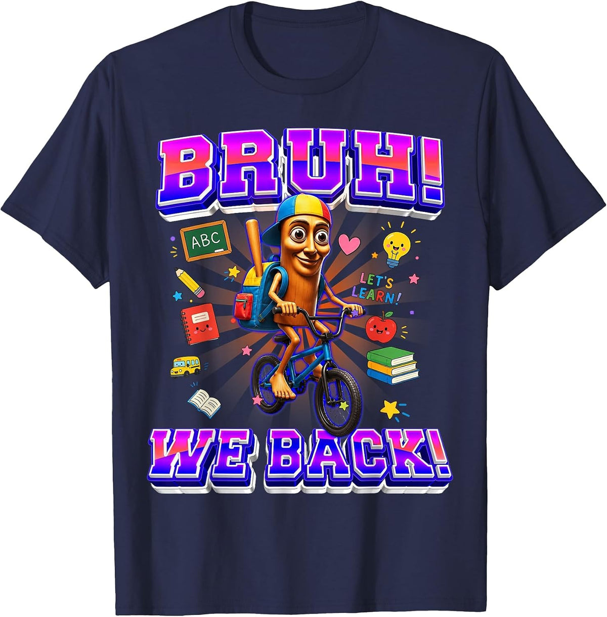 Funny Tung Tung Sahur Back to School BMX Brainrot Meme T-Shirt - Navy Blue
