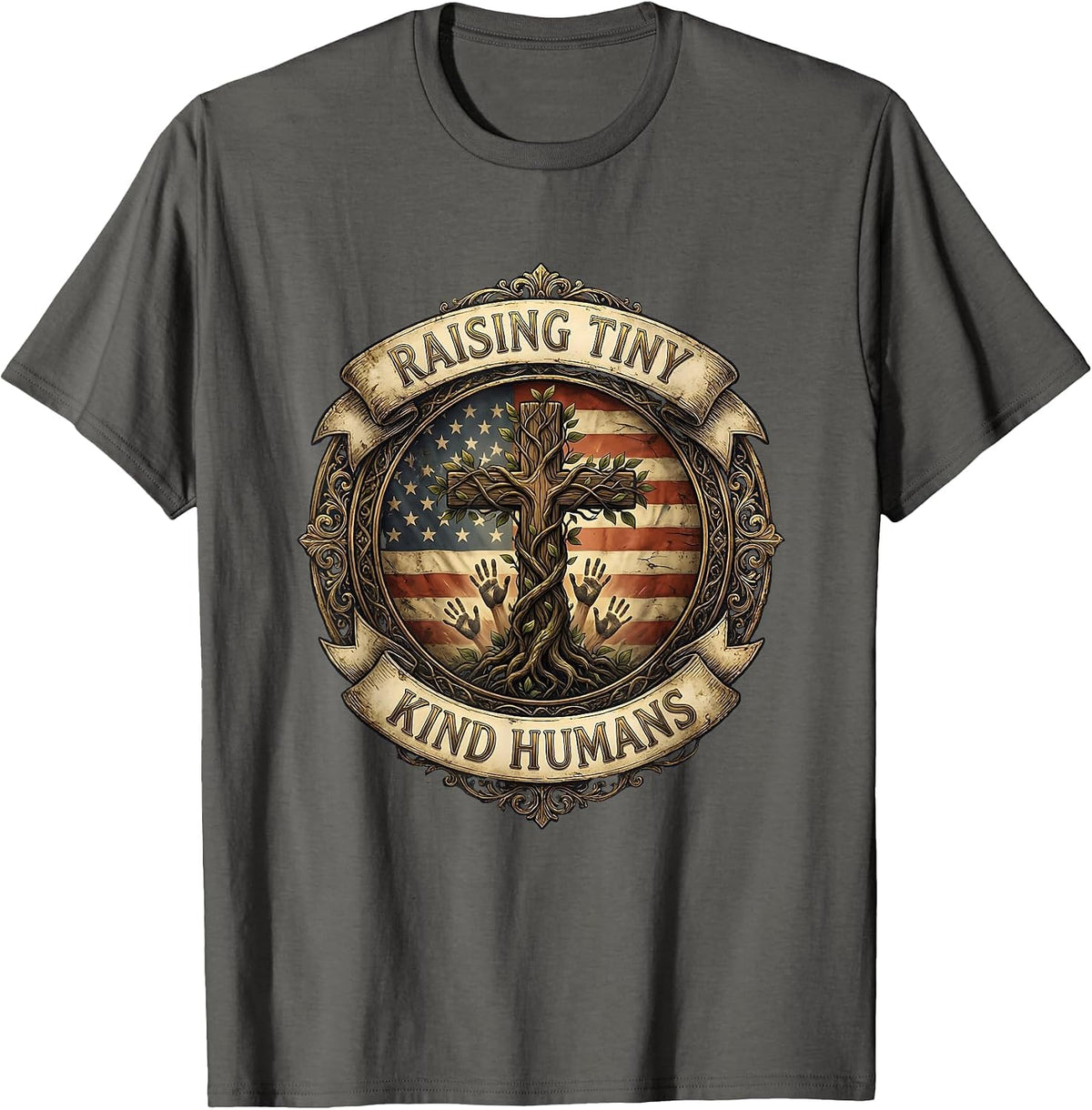 Raising Tiny Kind Humans Daycare Teacher Design T-Shirt - Asphalt Grey