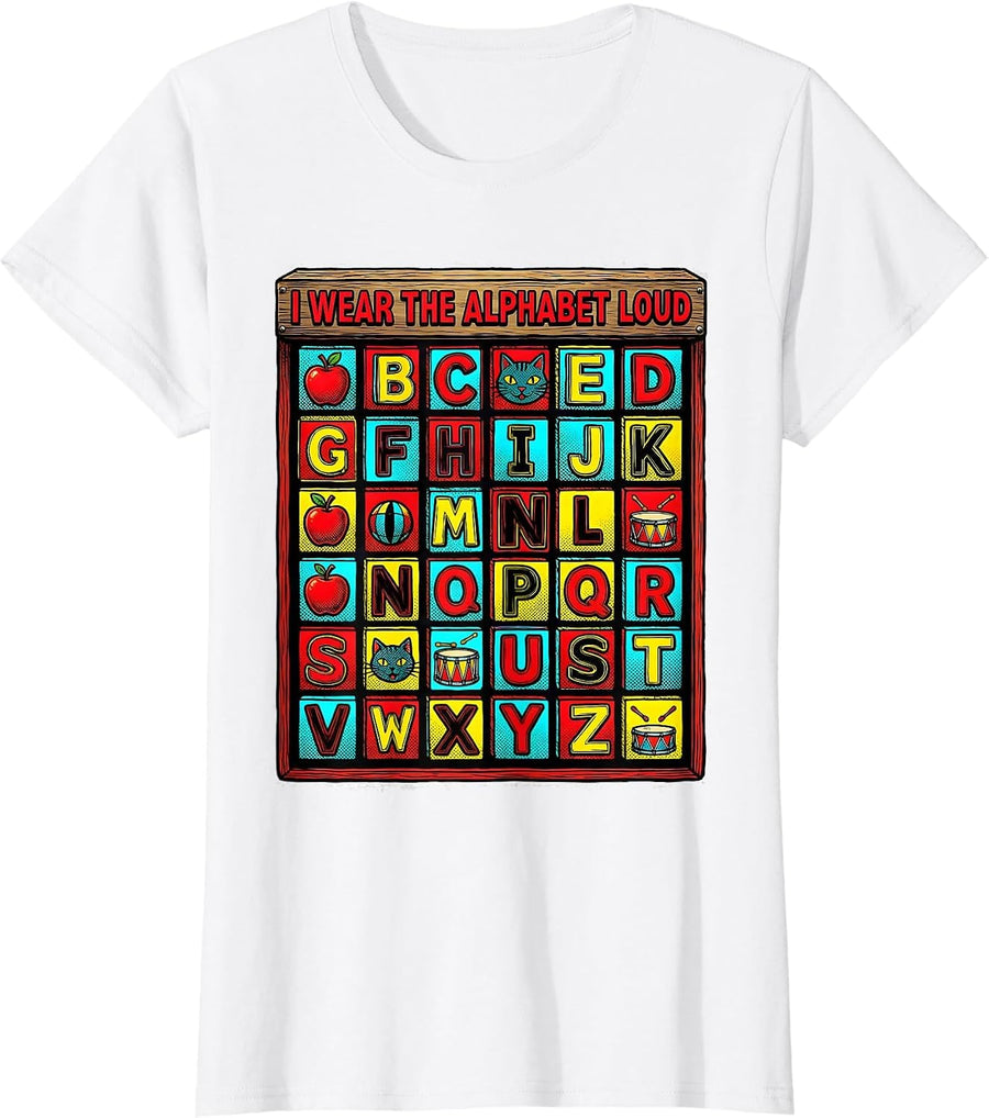 Women's I Wear The Alphabet Loud Pop Art Teacher Halloween Costume T-Shirt - White