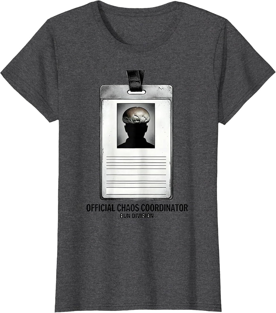 Women's Official Chaos Coordinator, Bun Division Funny Messy Bun Mom T-Shirt - Dark Heather Grey