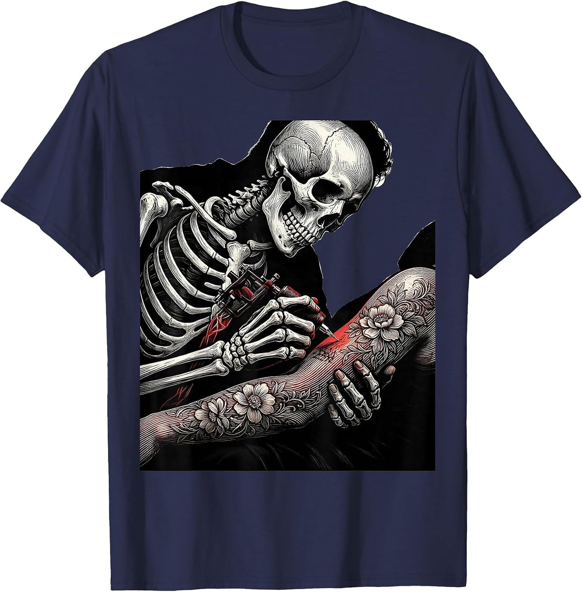Skeleton Tattoo Artist Inking Client Illustration T-Shirt - Navy Blue