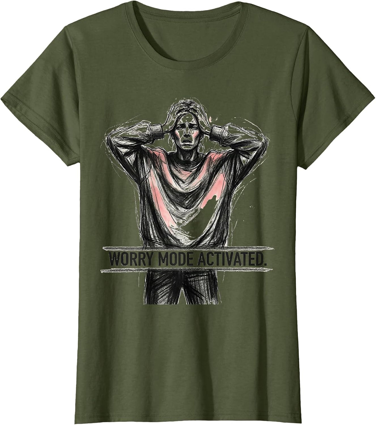 Women's Worry Mode Activated Anxiety Graphic Design T-Shirt - Olive Green