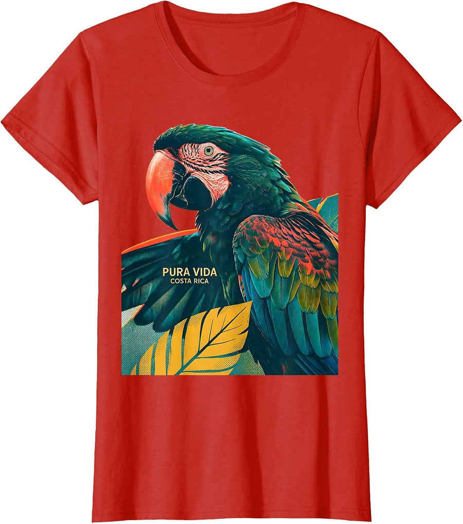 Women's Pura Vida Costa Rica Risograph Scarlet Macaw Travel Souvenir T-Shirt - Red