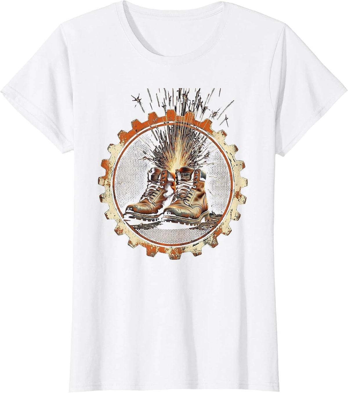 Women's Welder Sparks Steel Boots Graphic Design T-Shirt - White