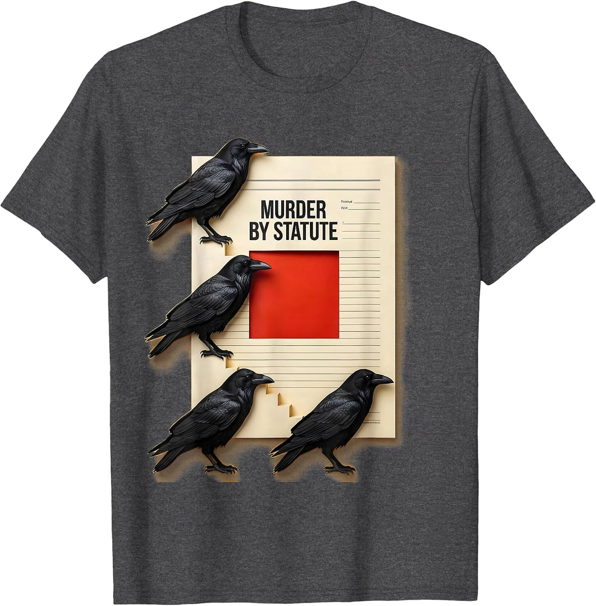 Murder By Statute Paper Cutout Crow Lover Bird Humor T-Shirt - Dark Heather Grey