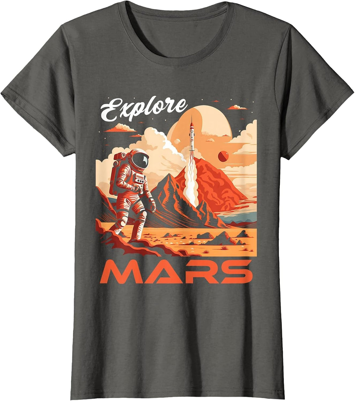 Explore Mars Vintage Martian Tourism Poster Style Space T-Shirt - Asphalt Grey