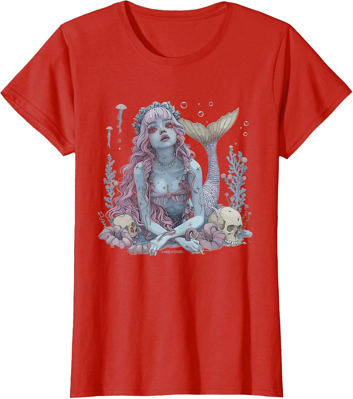 Dark Mermaid Art Gothic Mermaidcore Nautical Ocean Goth T-Shirt - Red