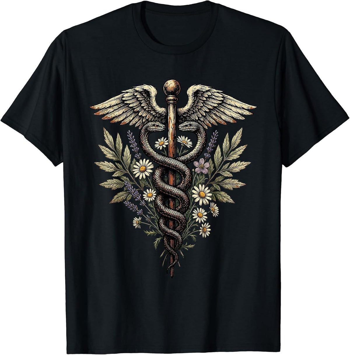 Men's Nurse Caduceus Wildflower Botanical Art Design T-Shirt - Black