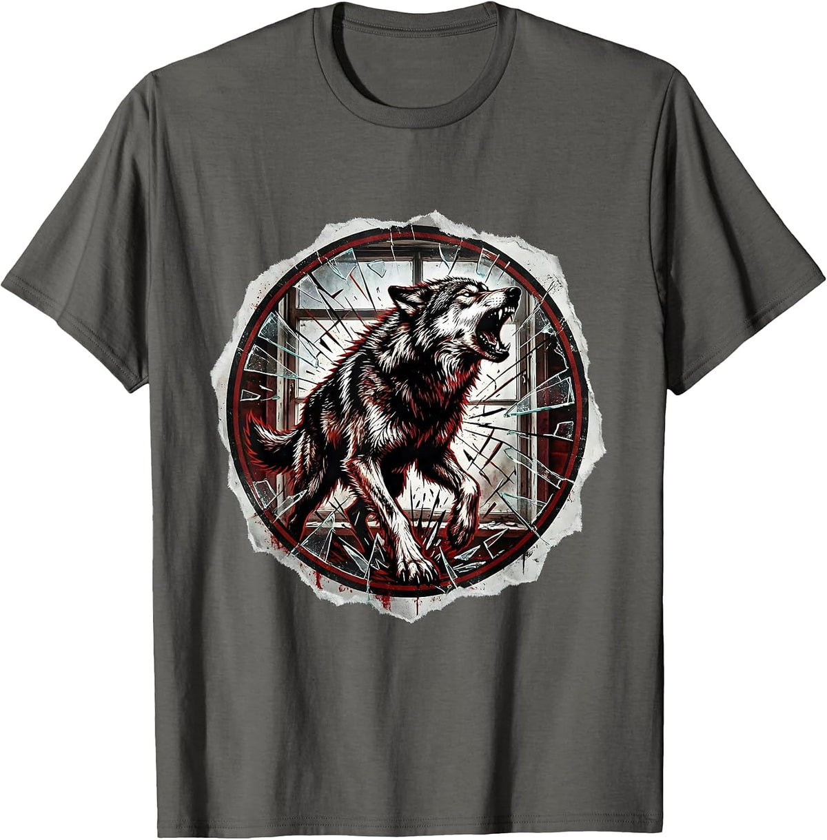 Grunge Wolf Howling Through Shattered Glass T-Shirt - Asphalt Grey