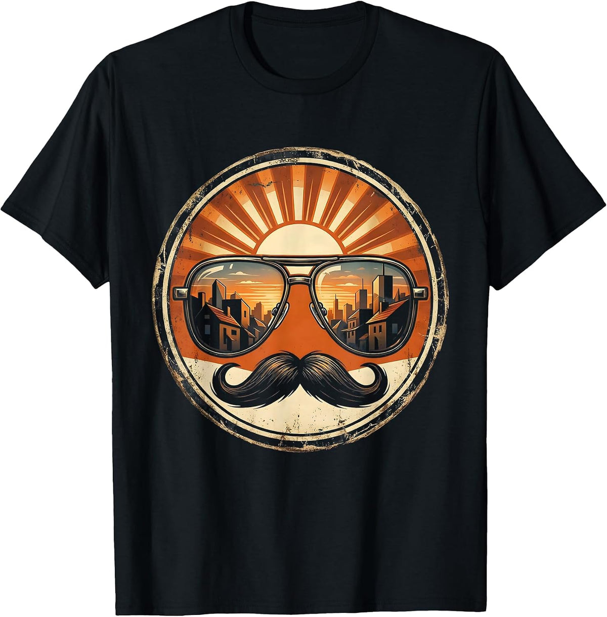 Men's Aviator Sunglasses Sunset Skyline Retro 80s Design T-Shirt - Black