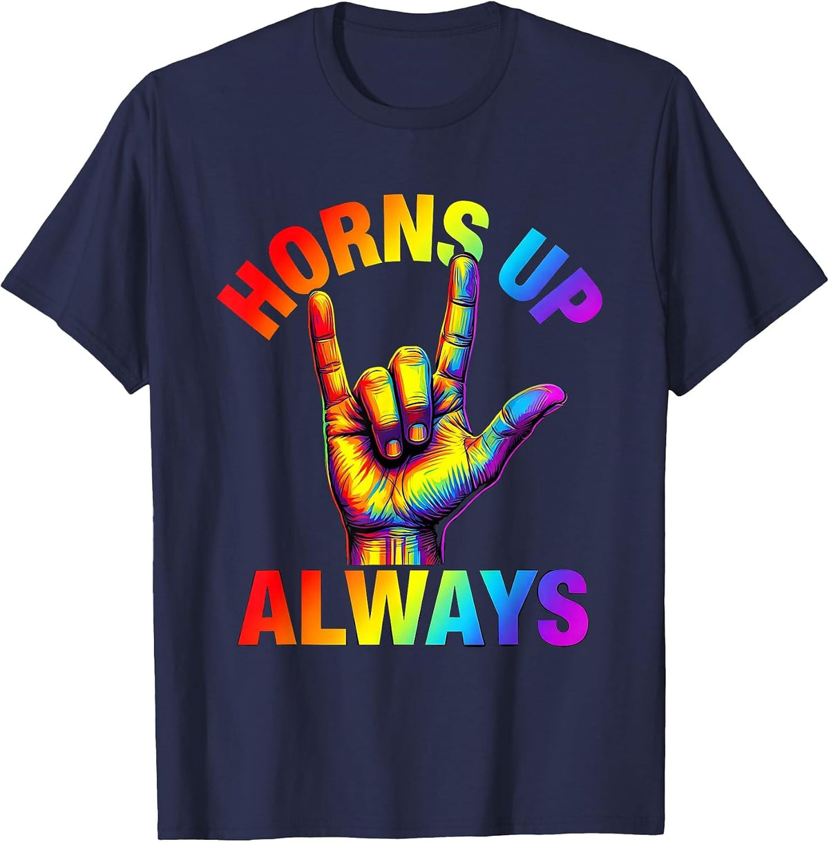 Horns Up Always Metal Music Graphic Design T-Shirt - Navy Blue